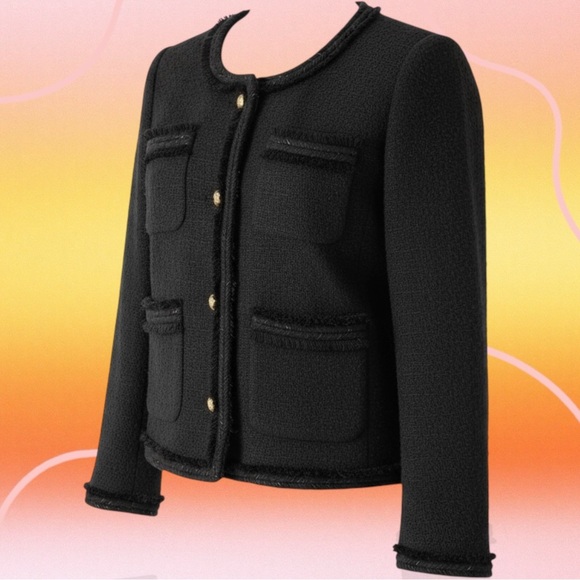 J. Crew Jackets & Blazers - J. Crew Black Wool-Blend Tweed Gold Button-Front Patch Pocket Lady Jacket Size 0